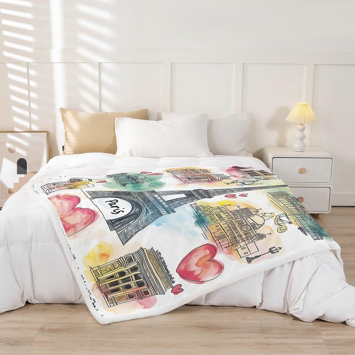 Erosebridal Colorful Tie Dye Bed Blanket France City Building Throw Blanket 60"x80" Modern Cityscape Fleece Blanket for Kids Child Teens Youth, Watercolor Paris Themed Crib Stroller Decor