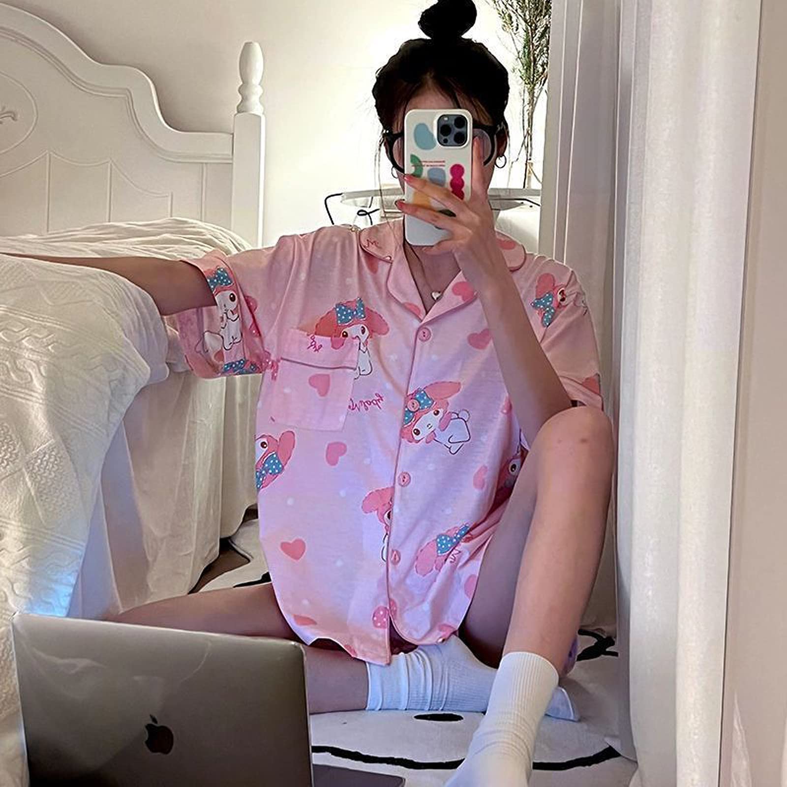 Oxsioeih Kawaii Pajamas For Women Two-Piece Set Cute Cartoon Girls Pajamas Pants Cardigan Sleepwear Home Clothes