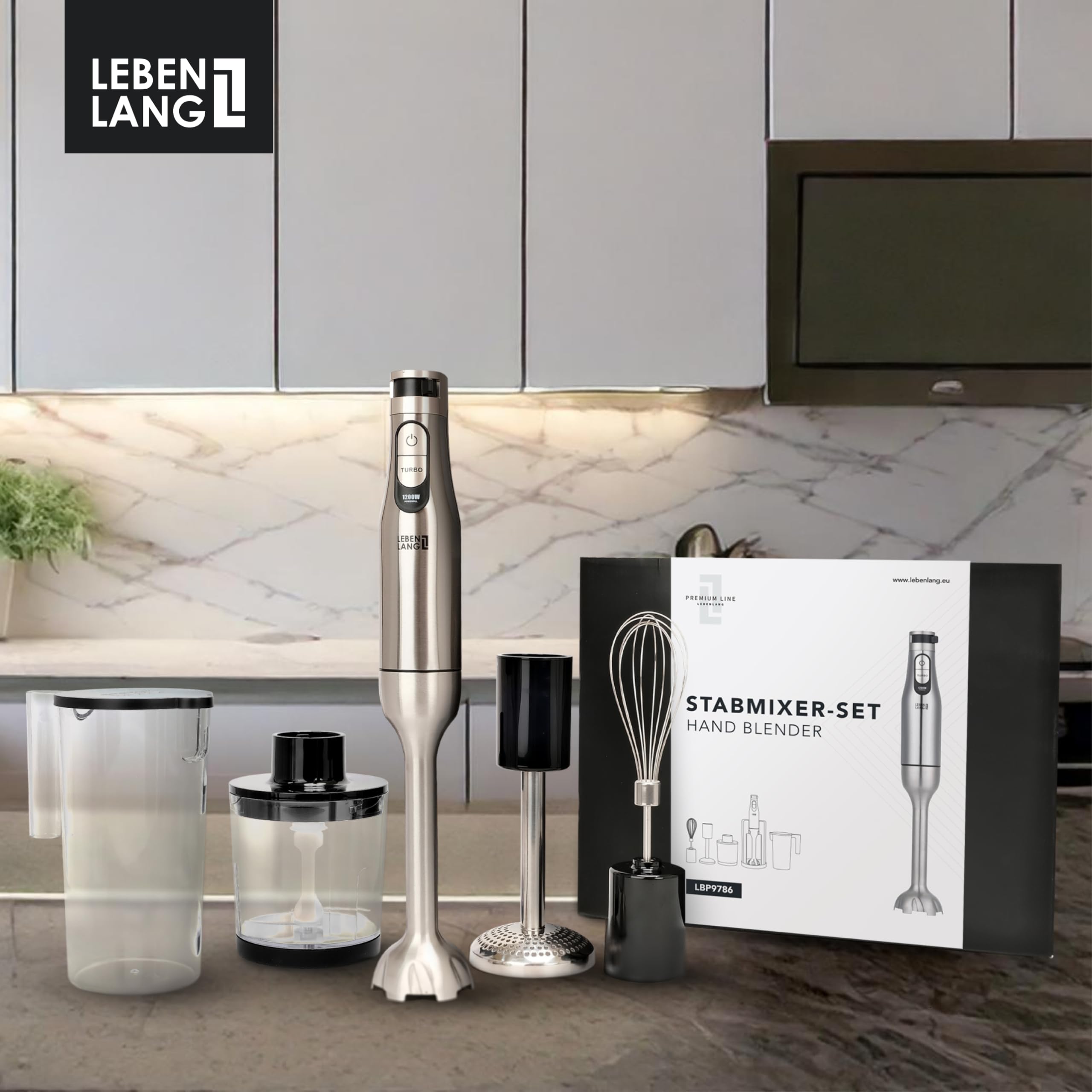 LEBENLANG Premium Set Batidora mano 1200w - Incl. 5x accesorios & protector contra salpicaduras I Infinitamente ajustable & turbo I Trituradora de alimentos Minipimer Blender Batidoras brazo Mixer
