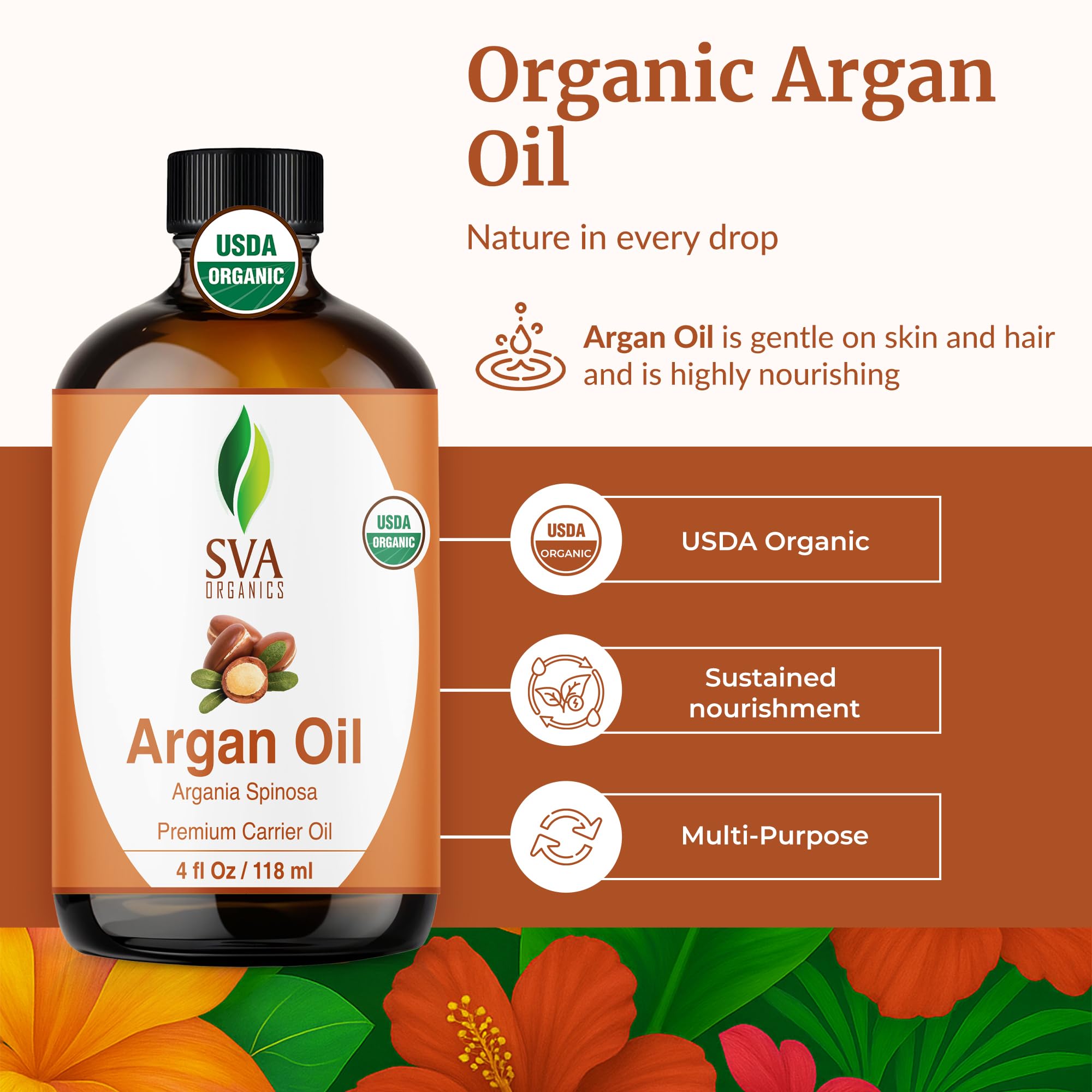 SVA Organics Argan Oil Organic Cold Pressed 4 Oz USDA 100% Pure & Natural Authentic Premium Therapeutic Grade Carrier Oil ...
