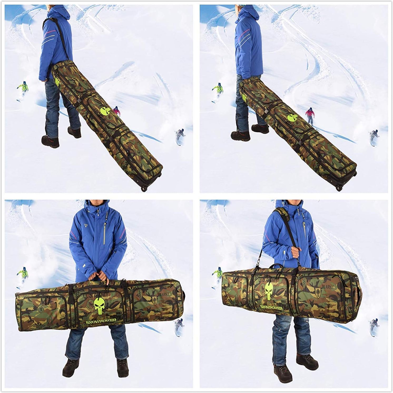 TentHome - Fundas para esquís con compartimentos de almacenamiento para mujer, bolsa de material de esquí, bolsa de snowboard con ruedas, funda para snowboard, impermeable, resistente al desgaste