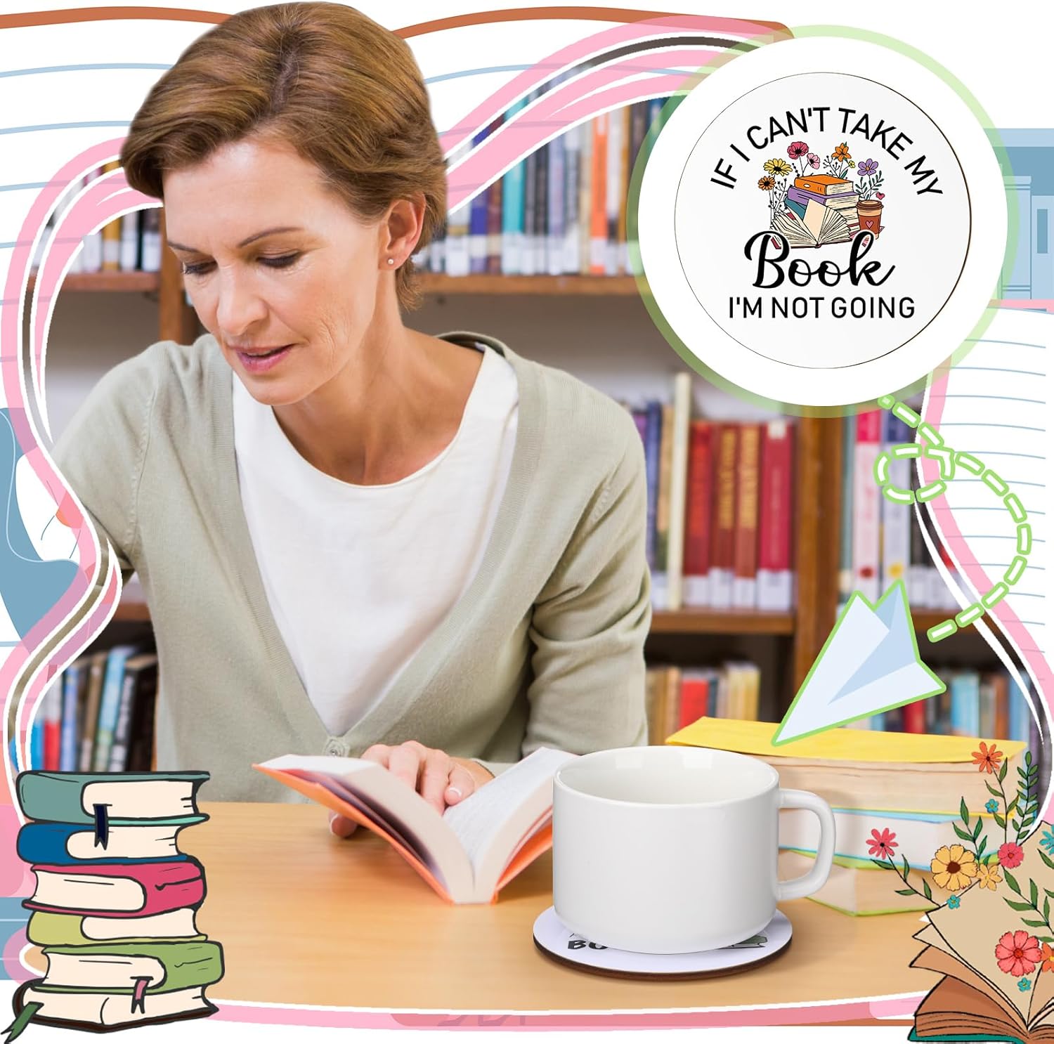 Hushee 8 Pcs Book Lovers Coaster Gifts Wooden Coffee Mug Coaster Favor for Librarian Bookish Merch Bookish Group Library Supplies Decoration Reading Club Favor Book Lovers Gifts(Read) - Image 5