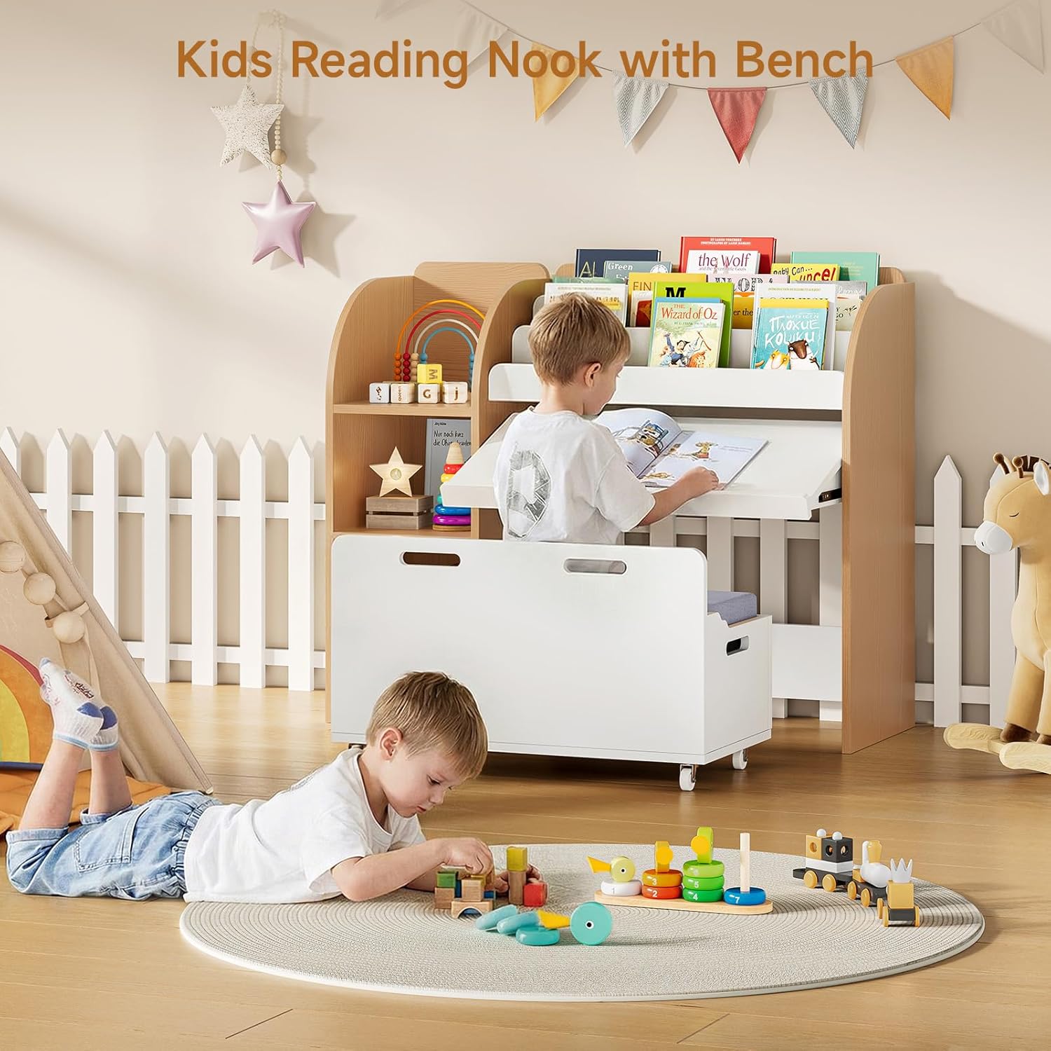 ONBRILL Kids Bookshelf and Toy Storage Organizer with Bench and Telescopic Book Holder, Reading Nook with Toy Box, Kids Furniture for Playroom, Bedroom, Living Room (White and Natural)