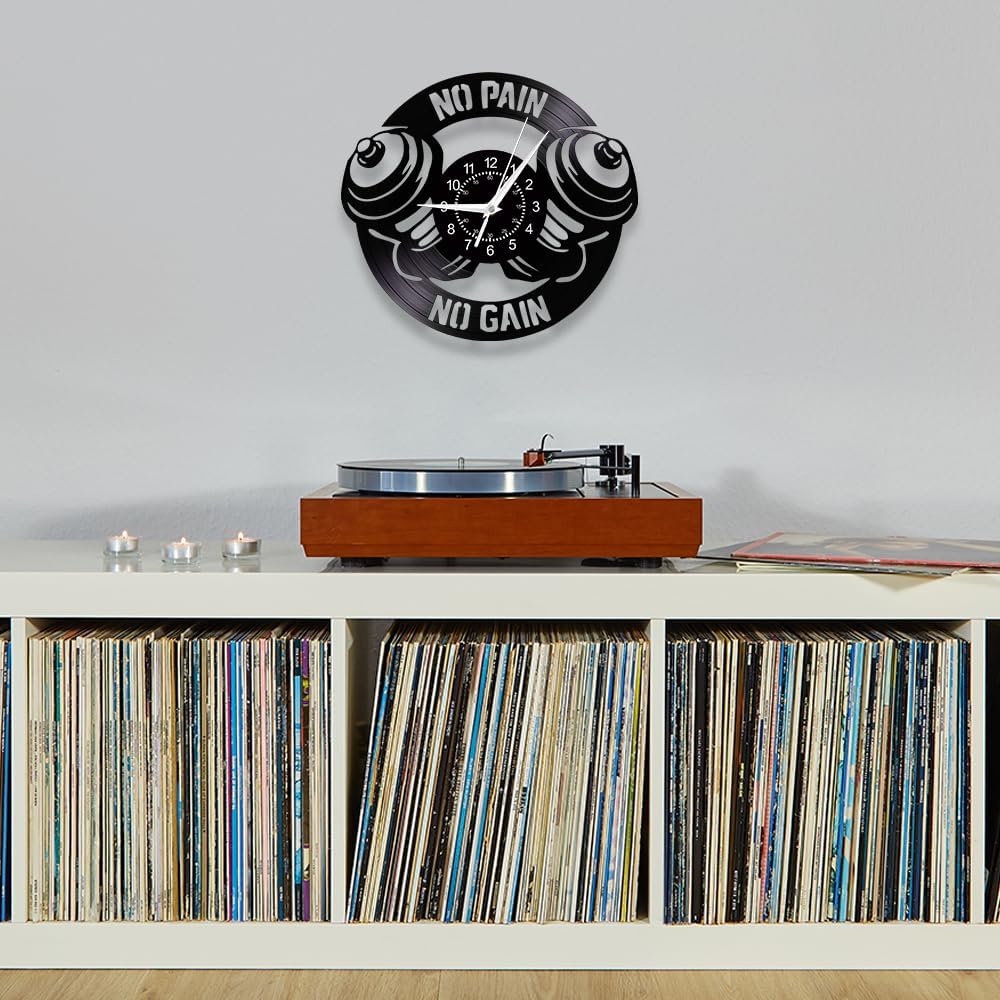 Gym Clock, 12 Inch No Pain No Gain Workout Wall Clock Battery Operated Silent Non Ticking Vintage Decorative Weightlifting Decor Vinyl Record Wall Clock for Fitness Center Bodybuilding Lovers