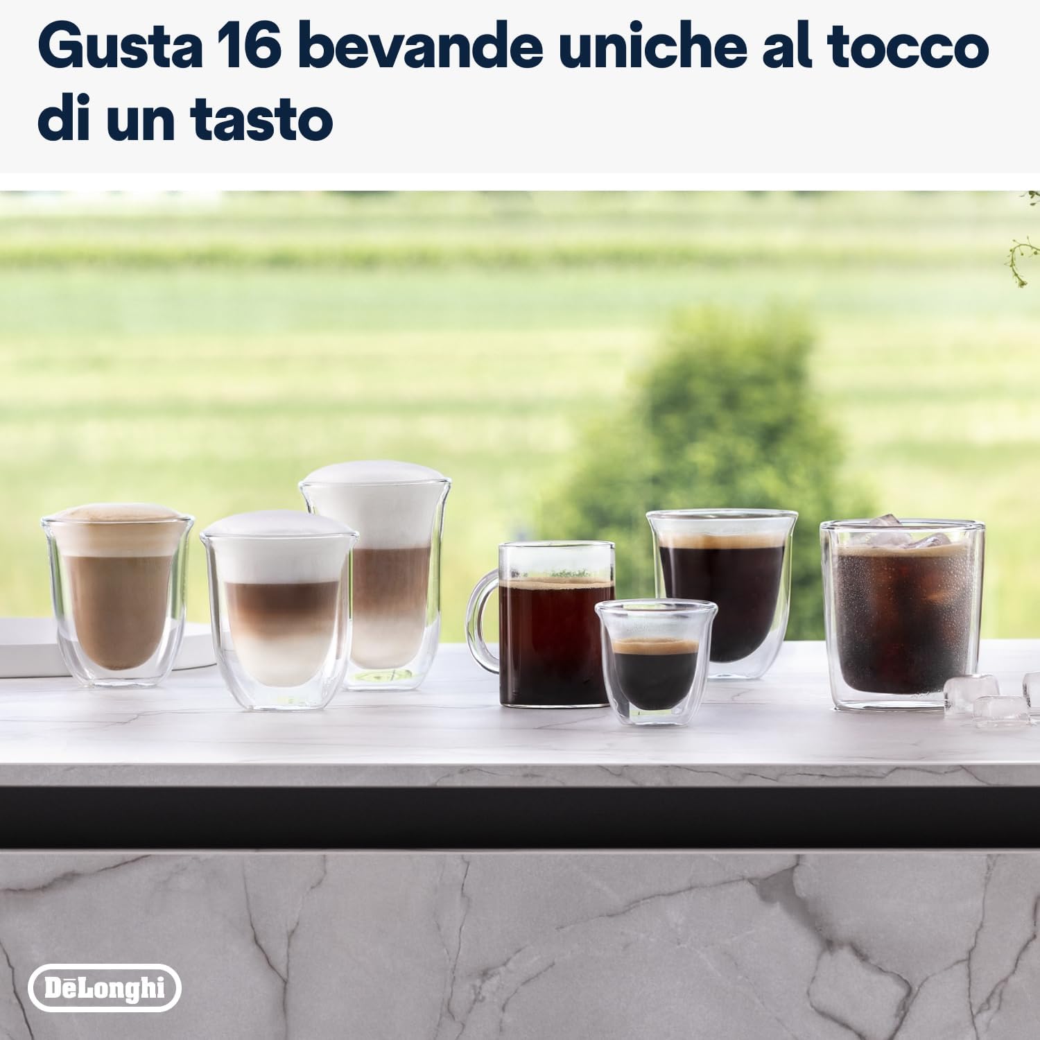 Variety of 16 coffee and milk beverages prepared by De'Longhi Rivelia