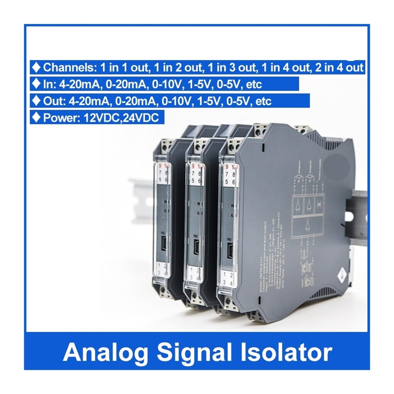Un Ingresso analogico e Due trasmettitori isolati con Segnale di Uscita da 4 segnali da 20 mA(1-5V in_220V_0-10V)