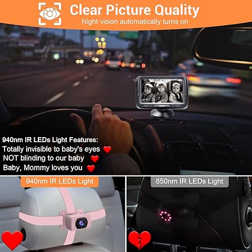 Miniatura 2 de Rohent Monitor de coche para bebés y niñas, 1080P HD, ajustable en 360, visión nocturna, lente gran angular de 150, fácil instalación, perfecto para