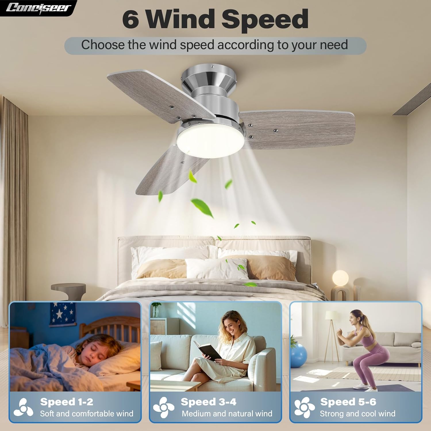 42 Inch Ceiling Fans with Lights and Remote, Bedroom Living Room Office, Flush Mount, 3CCT Dimmable, Dual Color 3 Blades 6 Speed Reversible Quiet DC Motor, Chrome-Plated/Wood Grain, 2 Pack