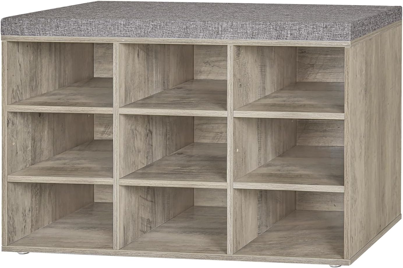 Shoe Bench, 9 Cubbies Shoe Organizer for Entryway, Storage Bench with Cushion, Cubby Shoe Rack with Adjustable Shelves for Living Room, Bedroom, Mudroom, Hallway, Gray Wash
