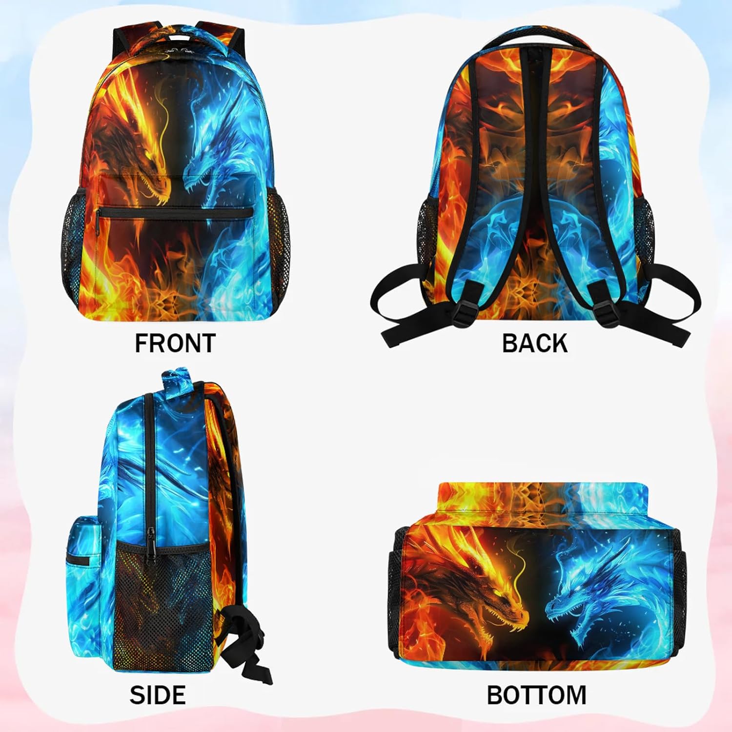 Kids Backpack for Girls - 16" Blue Fire Dragon School Backpack Lightweight Waterproof Elementary Schoolbag Kindergarten Book Bag Travel Daypack for Students - Image 4