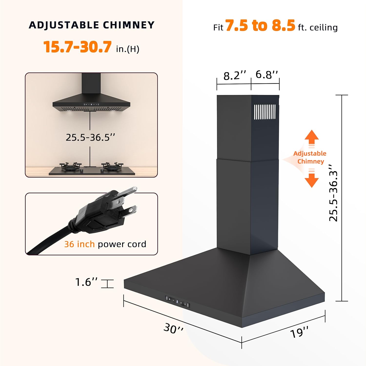 FIREGAS Black Range Hood 30 inch, 450 CFM Wall Mount Range Hood with Ducted/Ductless Convertible, Gesture Sensing Control & Touch Control Kitchen Hood Vent, Baffle Filters, Charcoal Filters