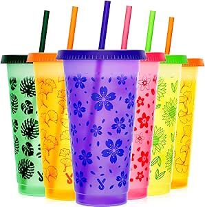 Meoky Plastic Cups with Lids and Straws - 6 Pack 24 oz Color Changing Cups with Lids and Straws Bulk, Reusable Cups with Lids and Straws for Adults Kid Women Party, Cute Cold Cups for Iced Coffee