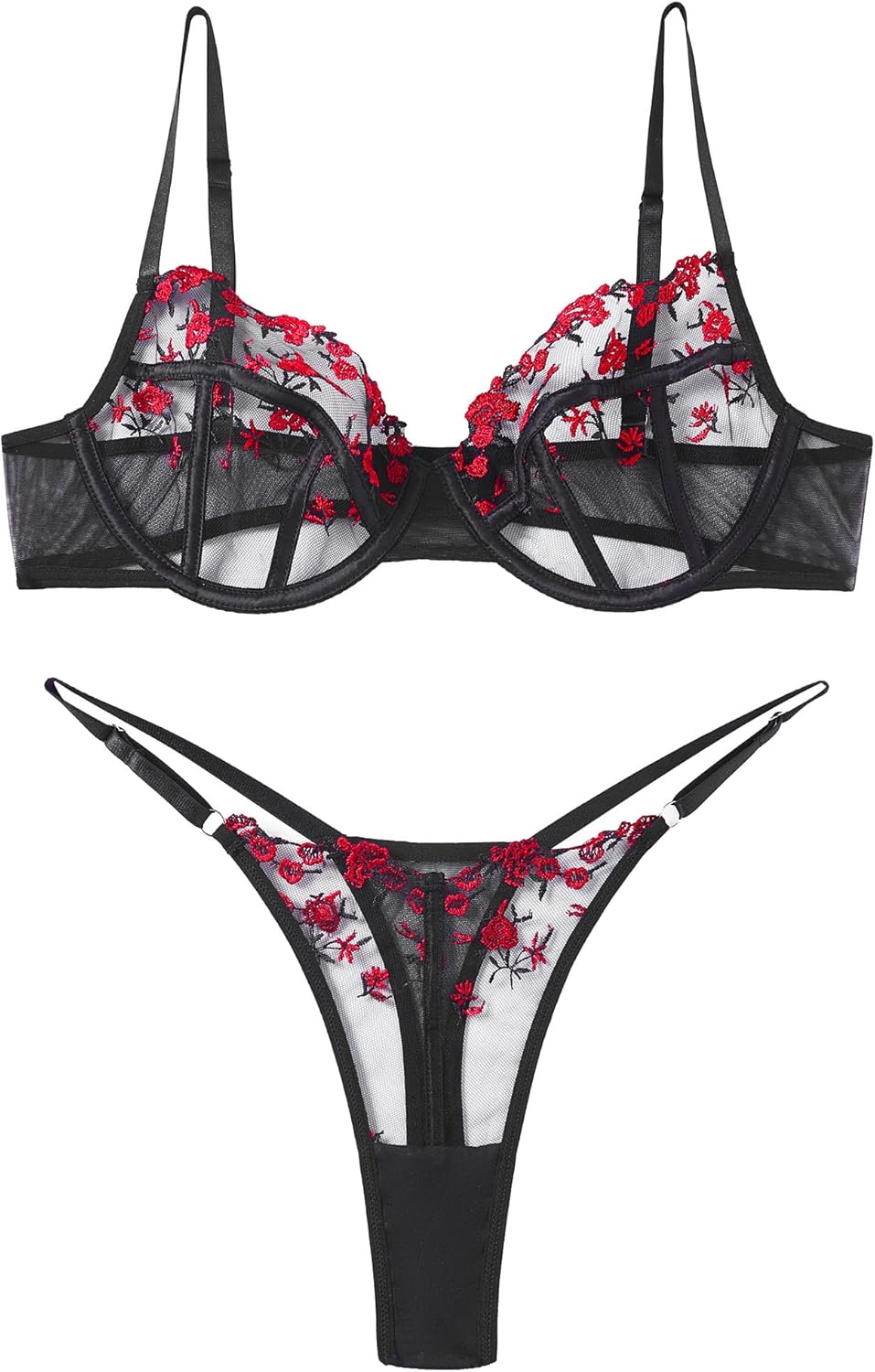 Lingerie Sexy Bra and Panty Set for Women See Through Sheer Underwear Cute Exotic Foral Embroidery Babydoll Suit