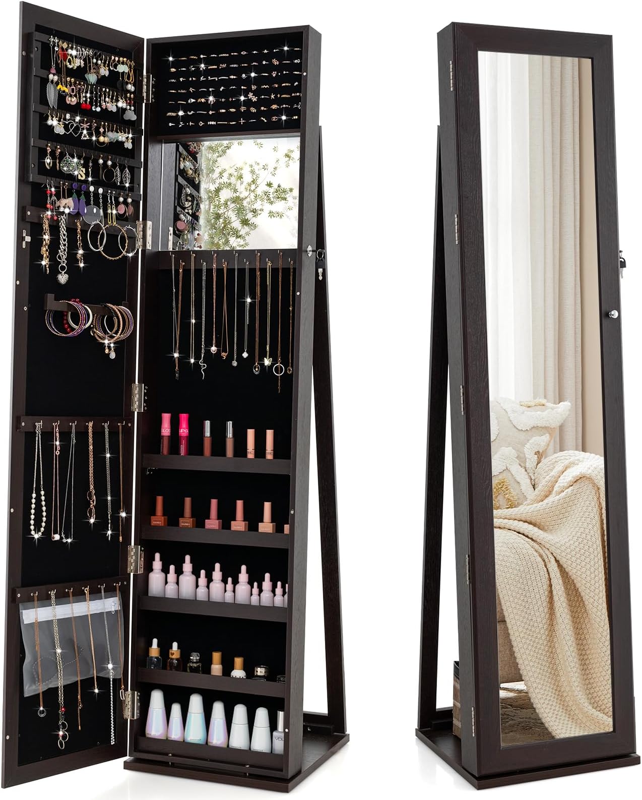 CHARMAID Jewelry Armoire Cabinet with 62" Tall Full Length Mirror, 2-in-1 Lockable Standing Jewelry Organizer with Large Storage Capacity, Inside Makeup Mirror, Stable Base, Easy Assembly (Espresso)
