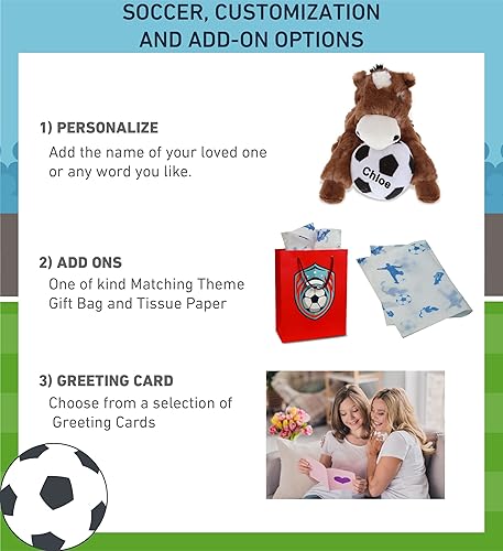 Miniatura 2 de DolliBu Animal de peluche de caballo marrón acostado con pelota de fútbol – Suave caballo abrazable adorable juguete de peluche para jugar, lindo