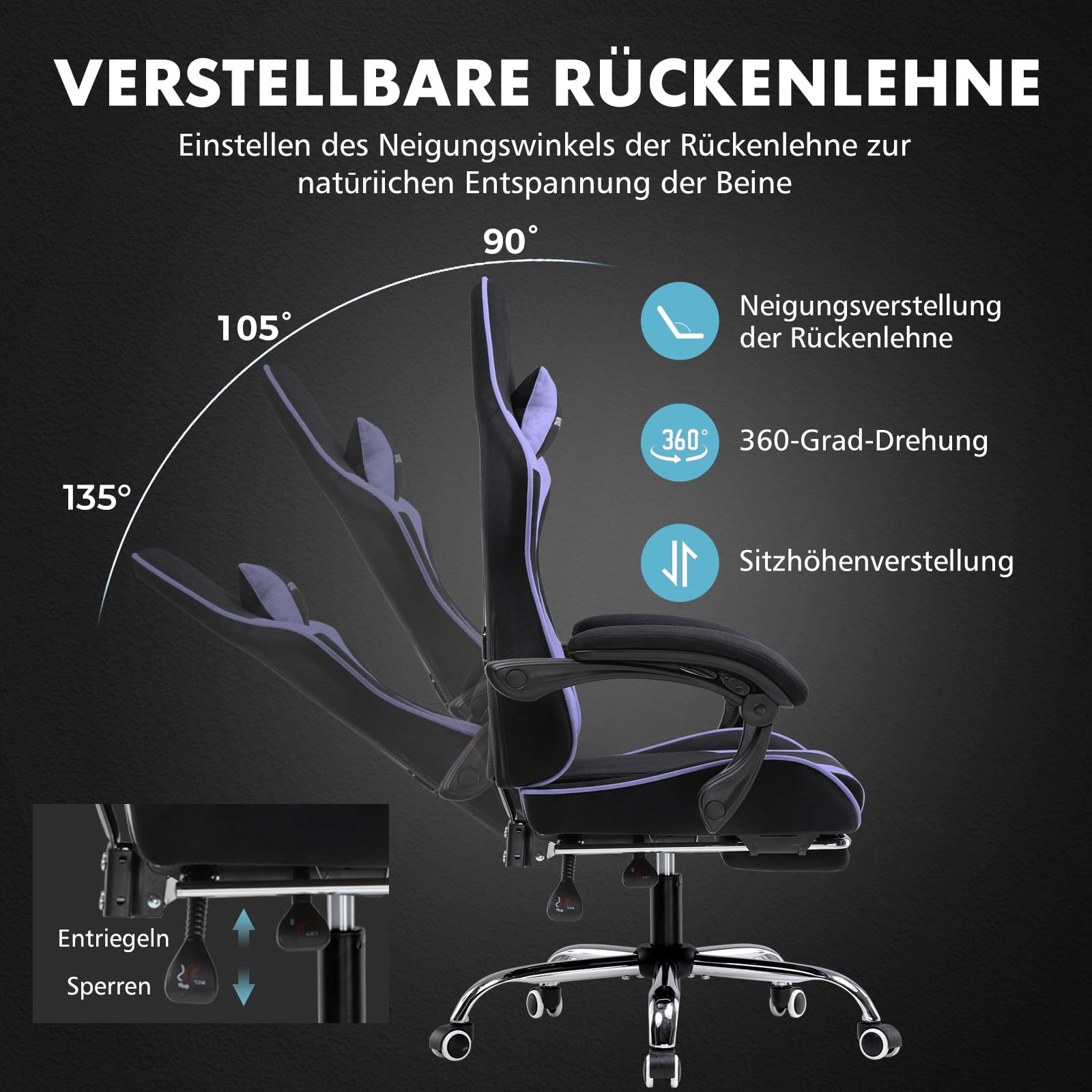 GTPLAYER Krzesło gamingowe, ergonomiczne krzesło biurowe, fotel gamingowy z podparciem okolic masażu, krzesła zadaniowe z podnóżkiem i zagłówkiem, fioletowy materiał