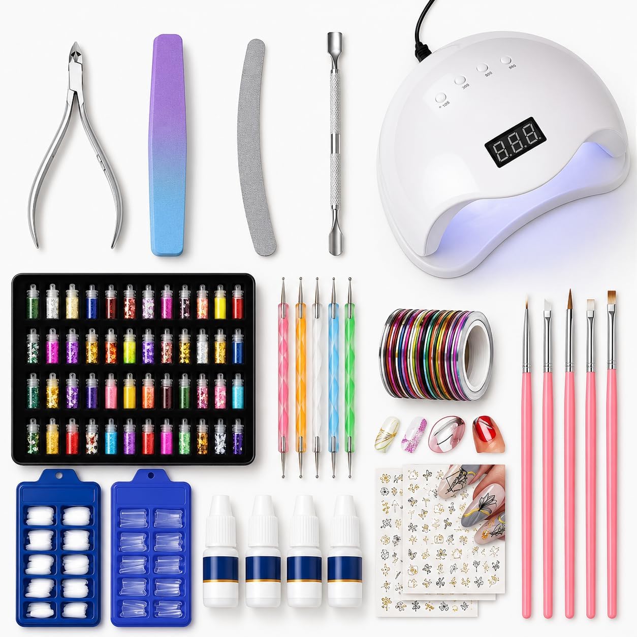 48W UV LED Nail Lamp Nail Art Kit with 200 Nail Tips, 48 Glitter Bottles, Nail Glue, Dotting Tools, Brushes & Nail Stickers – Complete DIY Manicure Set-image-11