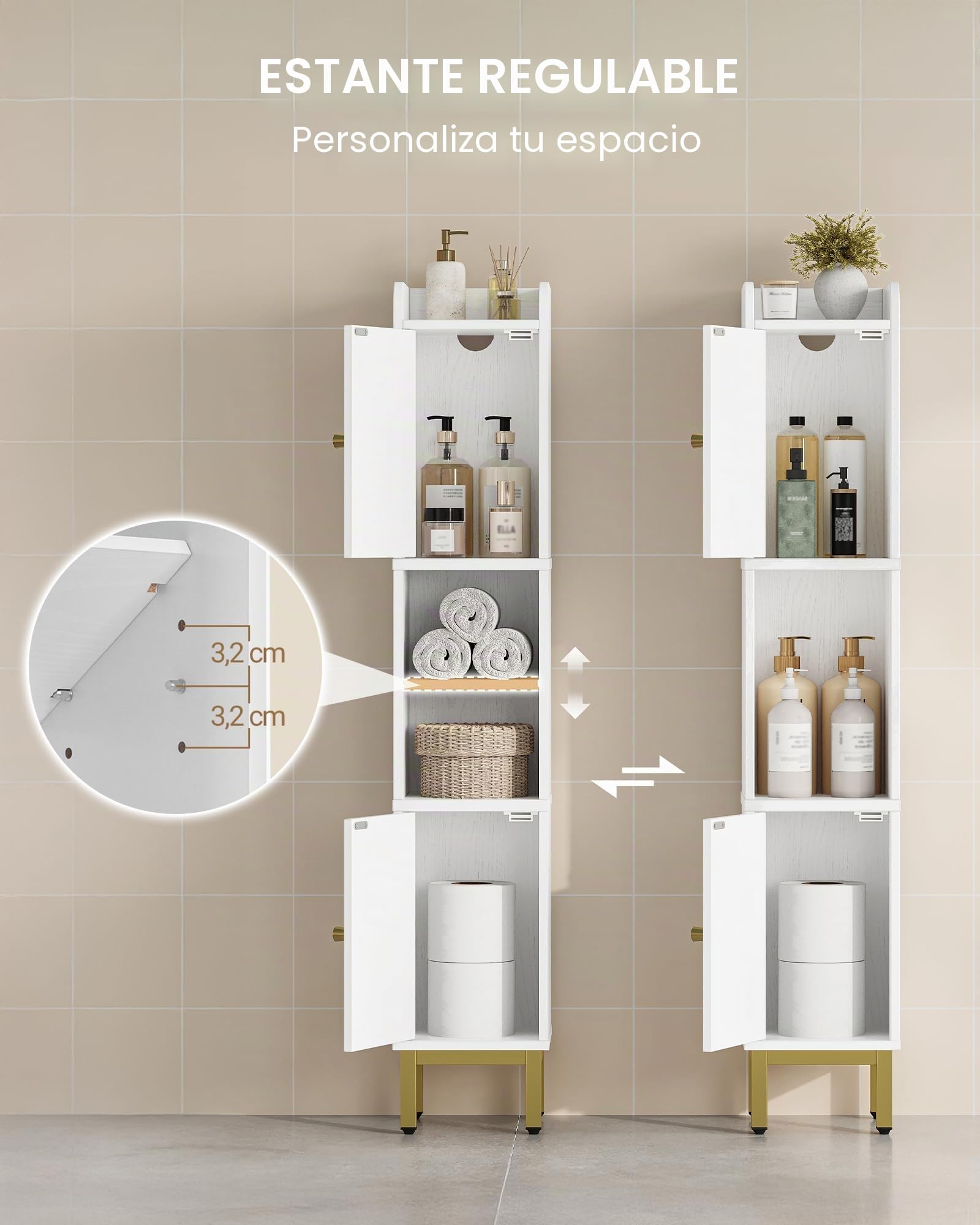 Hzuaneri Armario Alto de Baño, Mueble de baño Estrecho con 2 Puertas, Mueble de almacenaje diáfano con estantes Regulables, Adecuado para pequeños lavaderos, cocinas y Salones, Blanco BC22413G