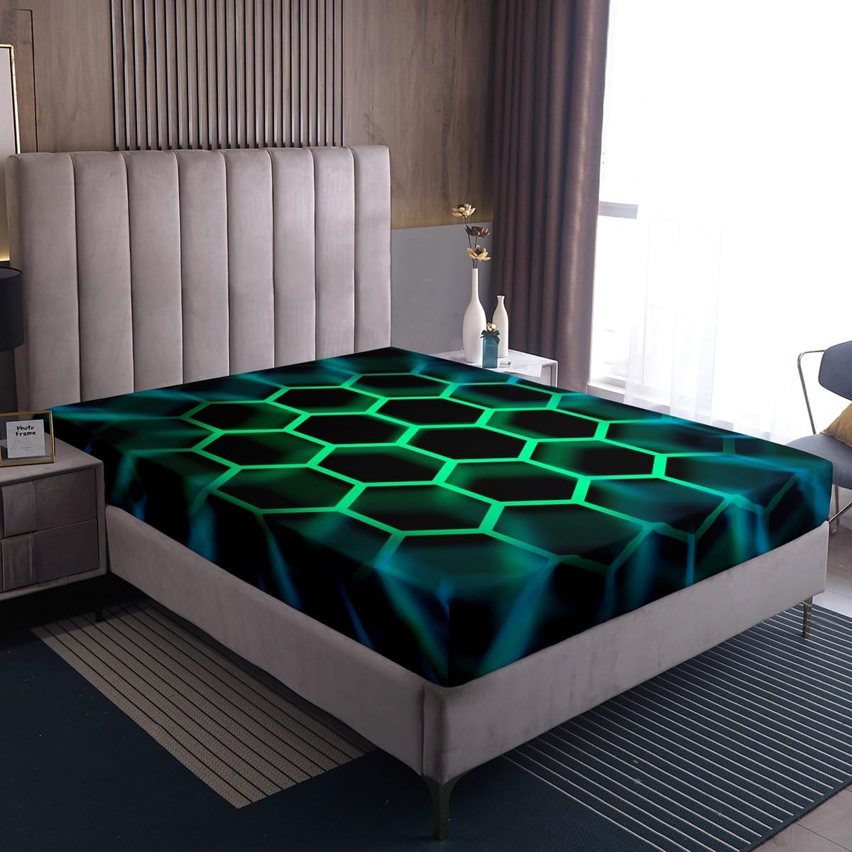 Honeycomb Bed Sheets Black Teal 3D Geometric Beehive Hexagon Sheet Set Queen Size Gamer Room Decor for Boys Kids Men,Neon Light Geometrical Honeycomb Fitted Sheet Glowing Hexagonal Sheets