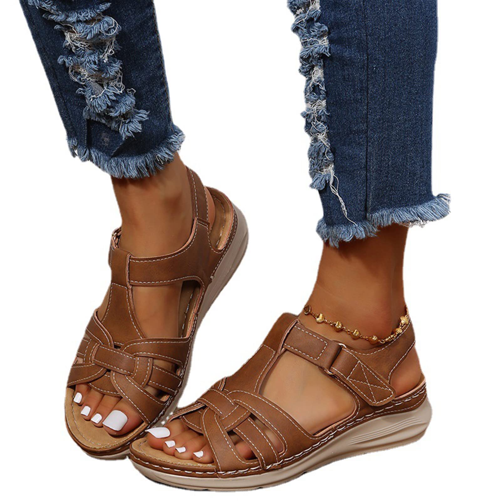 HHZYT Women's Summer Sports Sandals Casual Bohemia Gladiator Wedge Shoes Comfortable Ankle Strap Outdoor Platform Sandals Walking Shoes,Brown,US5/EU36