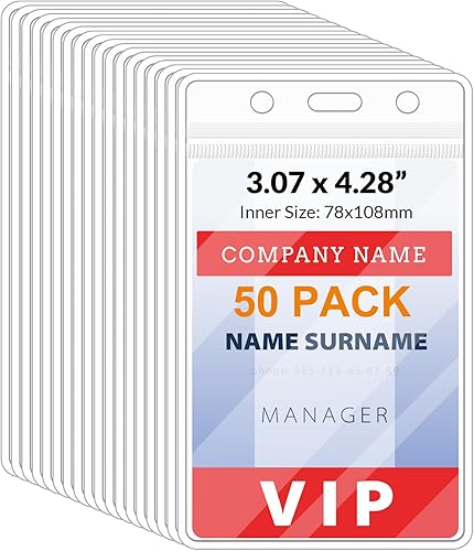 Paquete de 50 soportes transparentes para tarjetas de identificación, portatarjetas de identificación verticales, impermeables, para etiquetas de
