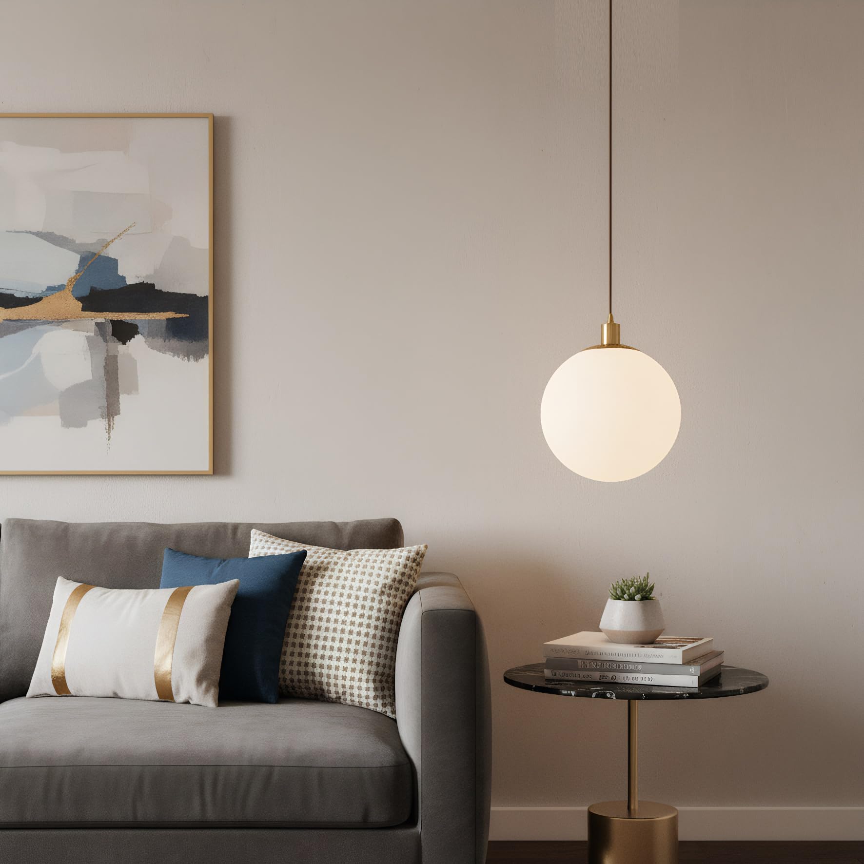 Minimalist Bereifte Weiße Glaskugel Pendelleuchte Moderne Hängelampe E27 Messing Geflochtene Litzenleiter Deckenleuchte für Schlafzimmer Salon Küche (30cm)