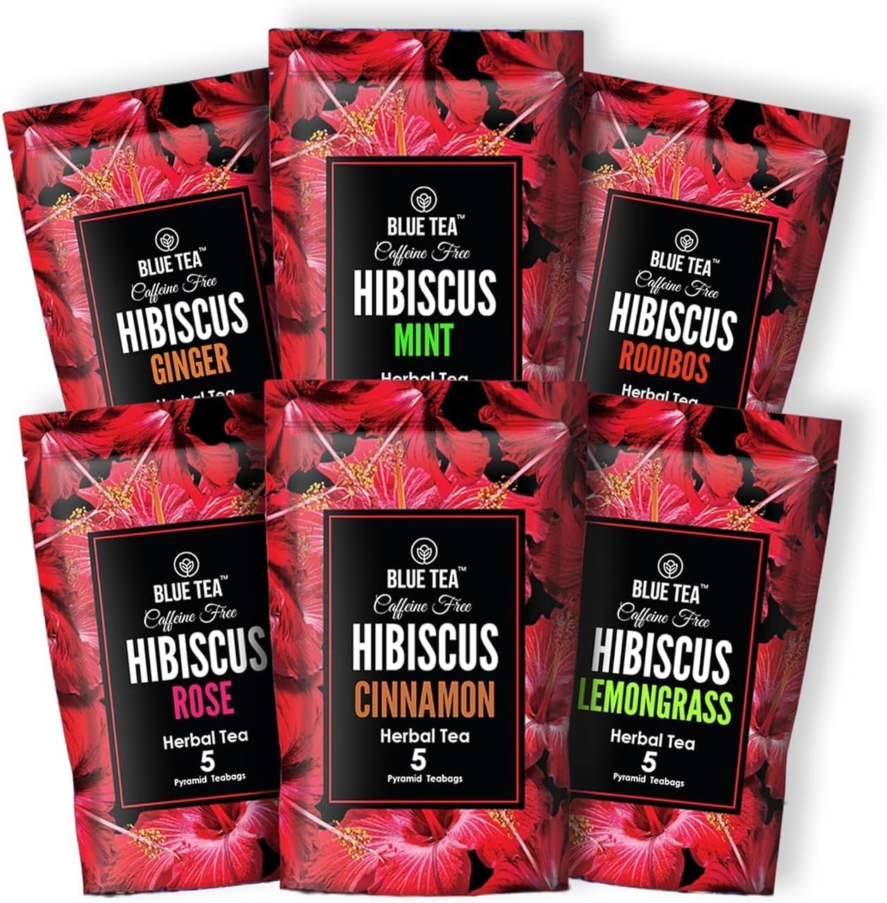 BLUE TEA - Hibiscus Assorted Herbal Sampler Tea Pack (6 Flavors, 30 Tea Bags Gifts Set) | Ginger, Mint, Rooibos, Rose, Cinnamon, Lemongrass | Gifts for Her & Him |