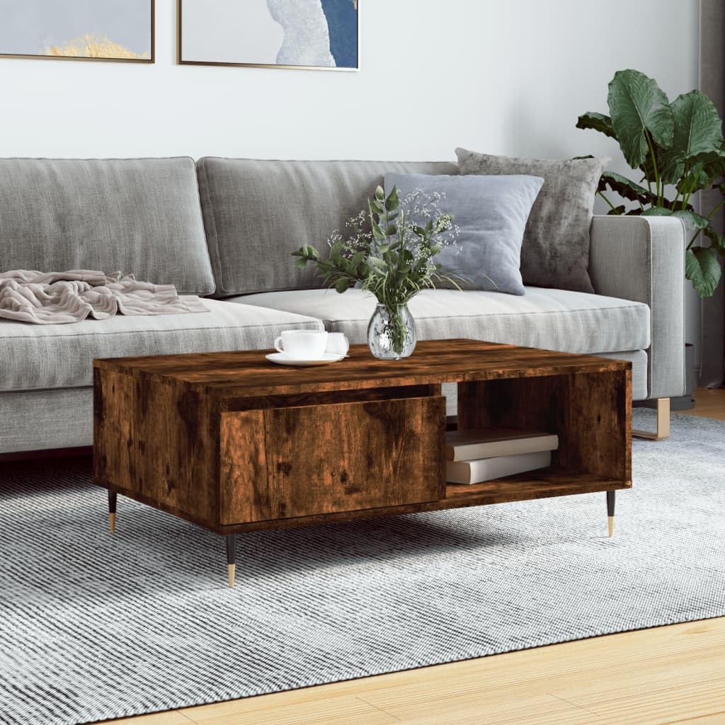 Couchtisch mit Ablagefächern 90x60 cm, Sofatisch Räuchereiche Eisen Gestell, Holzwerkstoff Couchtisch 90x60x35 cm