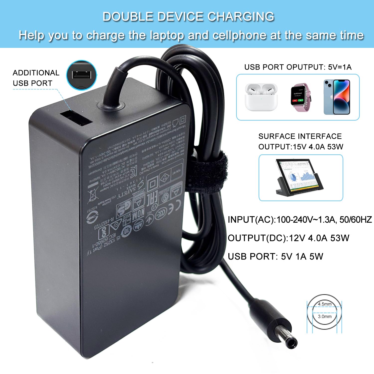 XITAIAN 53W 12V 4A 1536 Adaptador Cargador Portátil Repuesto para Microsoft Surface Pro 3 Docking Station Model 1627 1664 mit 5V 1.5A USB-Ladeanschluss (4.5mm*3.0mm)