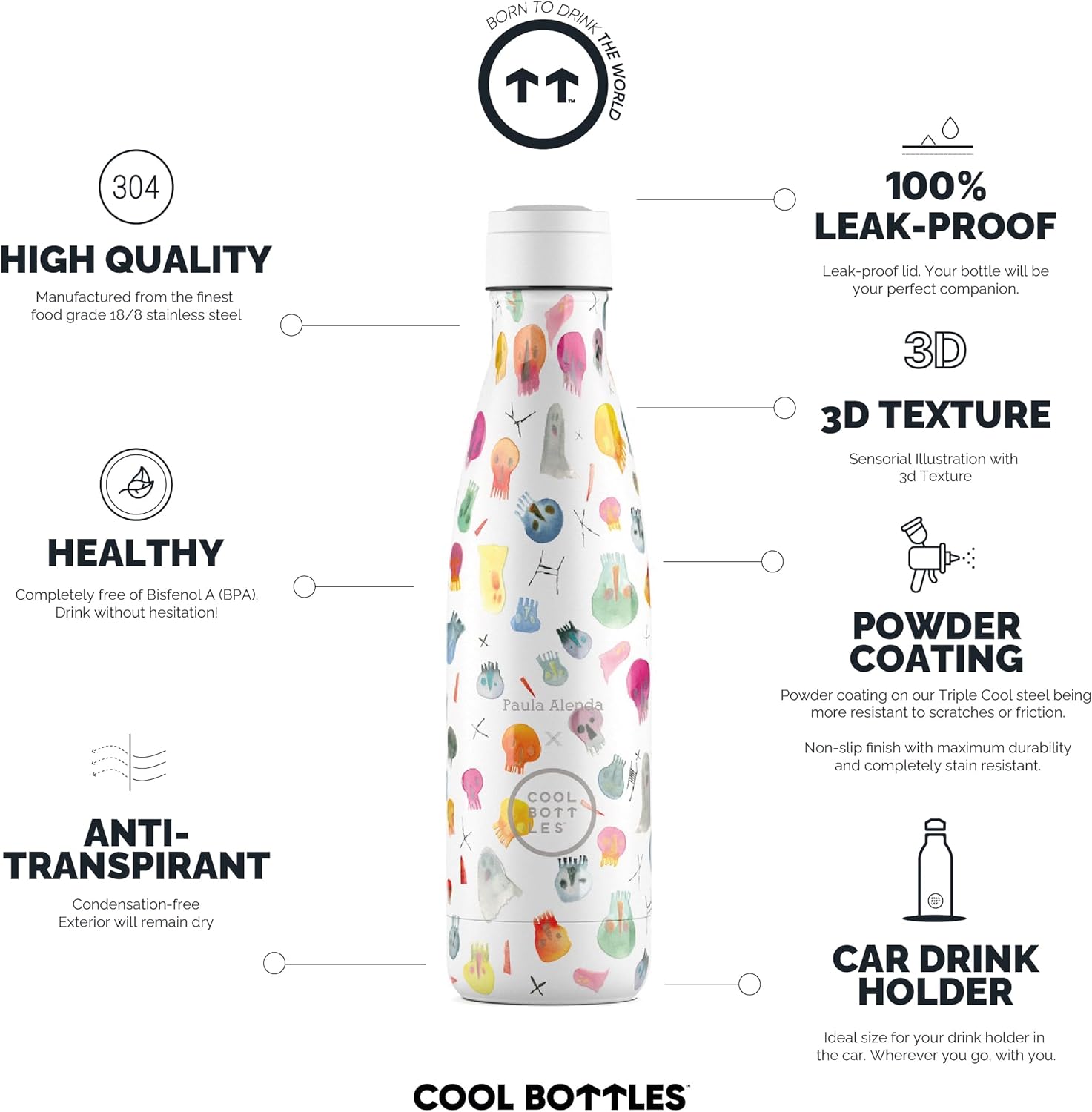 Thermal Bottle – 500 ml – Crazy Skulls – Stainless Steel Water Bottle – Cold 36 Hours and Hot Drinks 18 Hours – Finished with 3D Printing – BPA Free