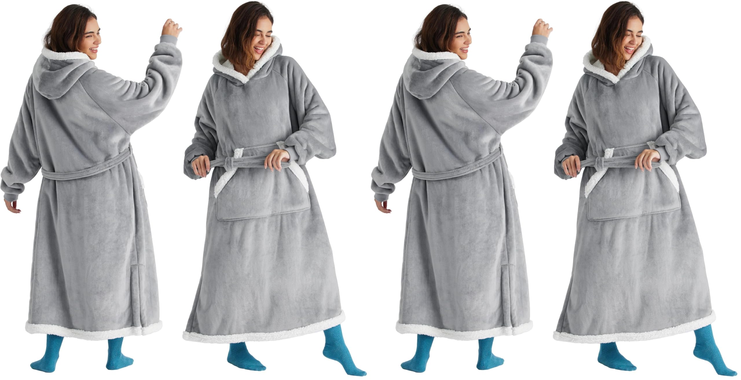 Bedsure Wearable Blanket Hoodie, Long Hooded Blanket Sweatshirt as Mothers Birthday Gifts for Women, Cozy Sherpa Hoodie for Adult, Standard, Grey (Pack of 2)