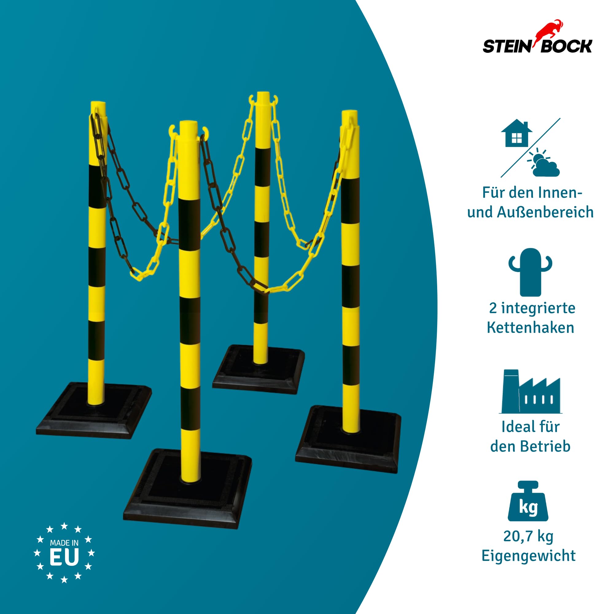 Steinbock Kettenständer 4 Stück | HxBxT 90 x 28 x 28 mm | 12,5 m Kettenlänge | Schwarz/Gelb | betongefüllte Fußplatte | Absperren von Innen- und Außenbereichen | standsicherer Ketten-Warnständer