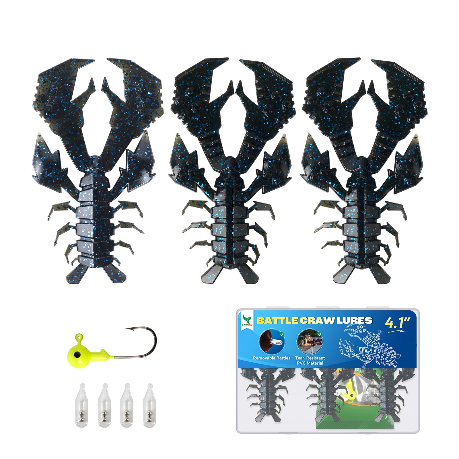 POWJOY 4.1inch 3 Pcs Blue Crawfish Lures Kit
