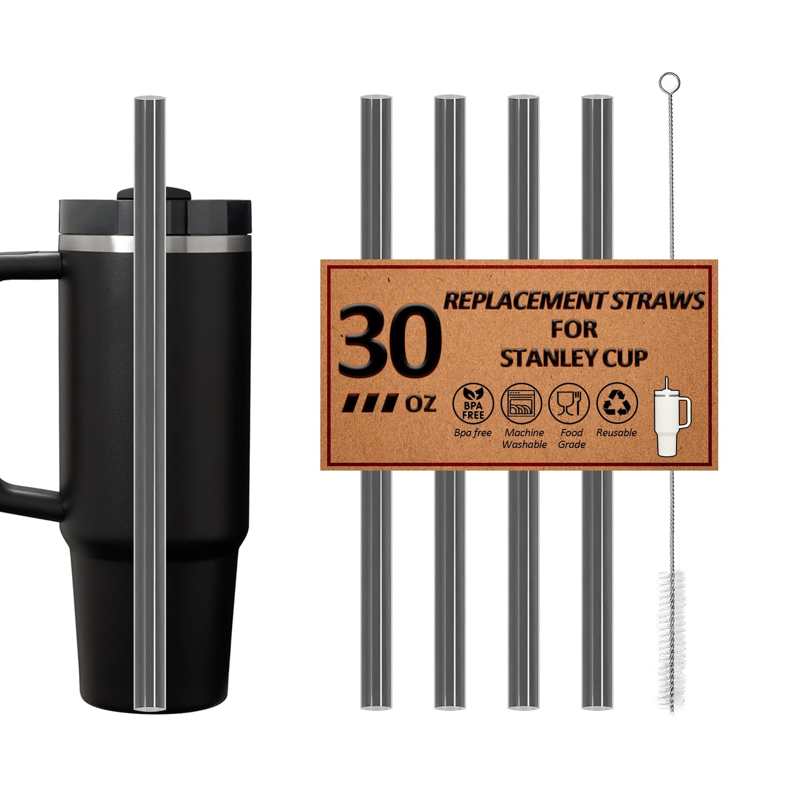 Reusable Straws for Stanley Cup 14/20oz | 30oz | 40oz, Replacement Long Straw with 1 Brush for Stanley Cup Accessories，Food Grade & BPA Free, Machine washable（4 pack，30oz, Transparent Black）