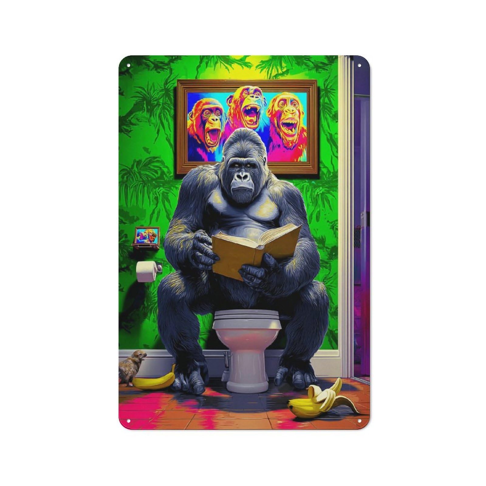 Junmoney Gorilla Reading In Jungle Bathroom Metal Wall Plaque With Design 30X20cm, Old Fashioned Vintage Wall Decor For Living Room, Hallway, Kitchen Or Cafe
