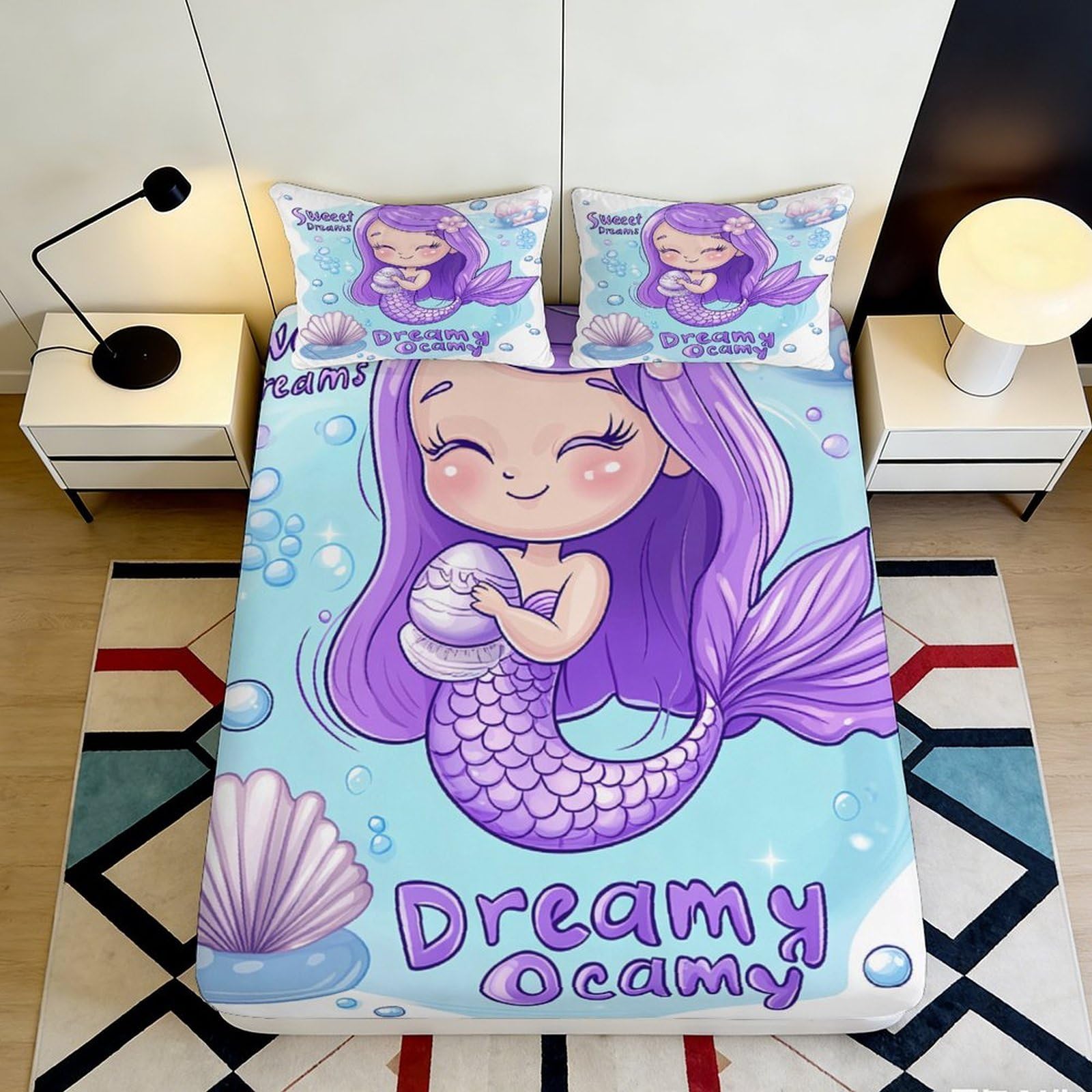 3D Printed Mermaid Fitted Sheet Microfiber Deep Pocket for Bedroom Bedding, Non-Slip Mermaid Mattress Fitted Cover for Adults Teens 200x200x25cm