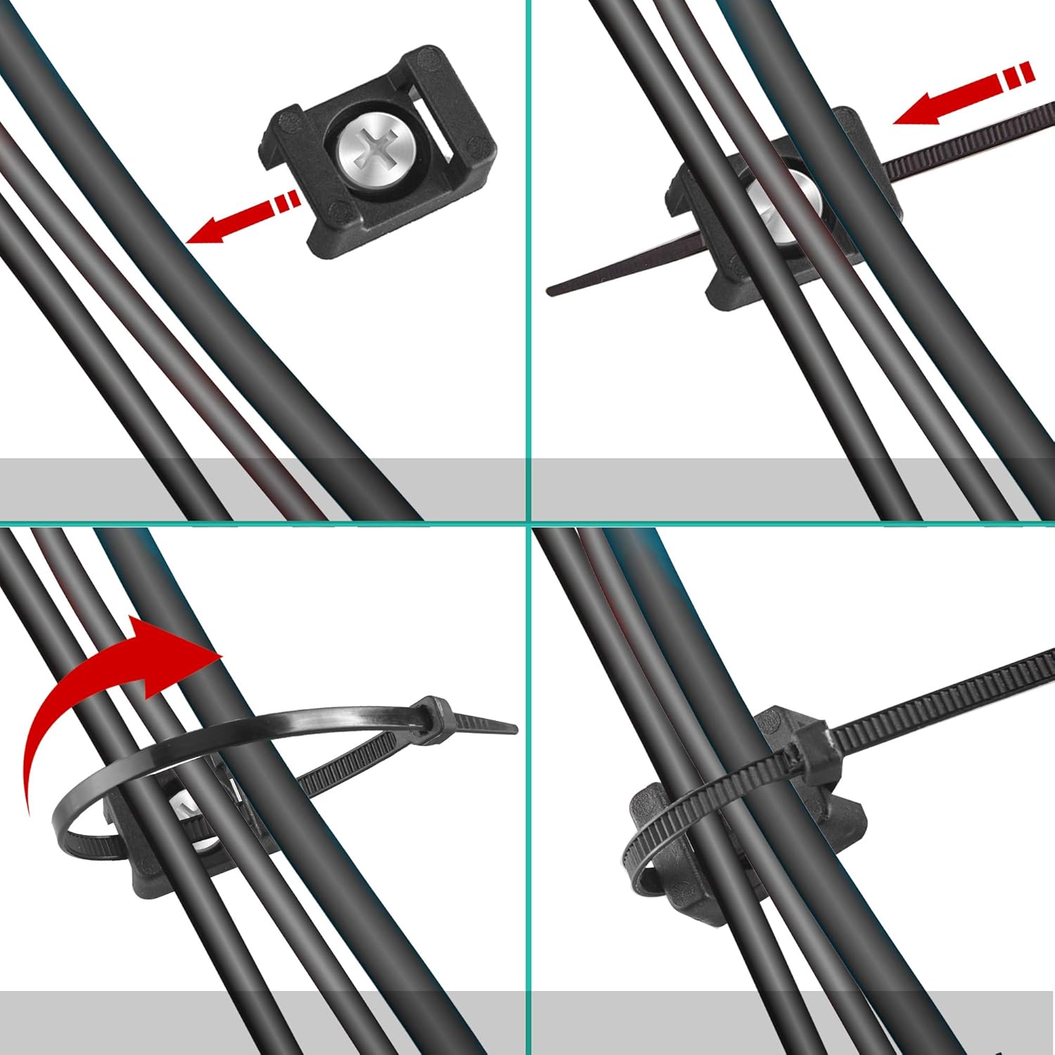 100 Cable Tie Mounts - Saddle Type, Self-Locking Zip Ties (203.2 x 3.3mm) & Deep Thread Pan Head Screws (100 Pieces, BLACK)