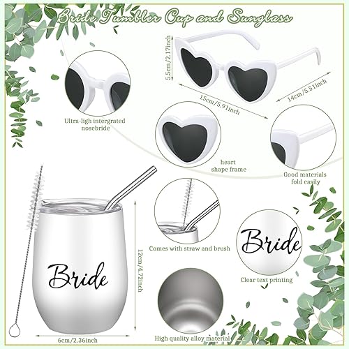 Miniatura 3 de Sweetude 4 piezas de regalos para novia, bolsa de lona con bolsa de maquillaje, vaso de novia con cepillo para pajilla, lentes de sol blancos en