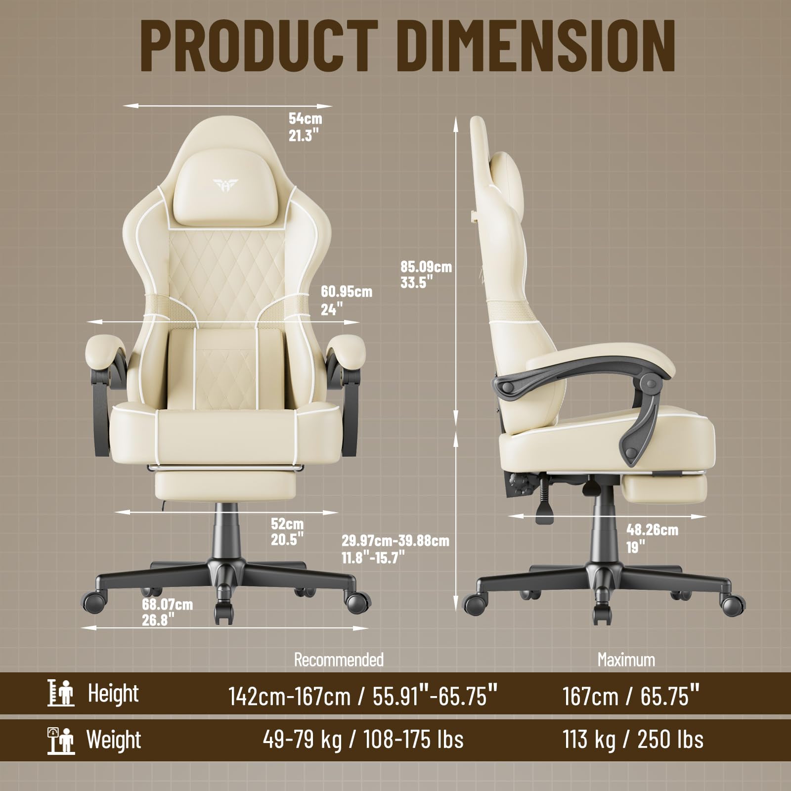 Ferghana Gaming Stuhl，Gaming Stuhl Ergonomisch，Bürostuhl aus Stoff PU-Leder, Gamer Chair mit Verstellbare Kopfstütze und Lendenkissen，Armlehnen，Fußstütze，PC Stuhl für Office Gaming (Beige,PU-Leder)