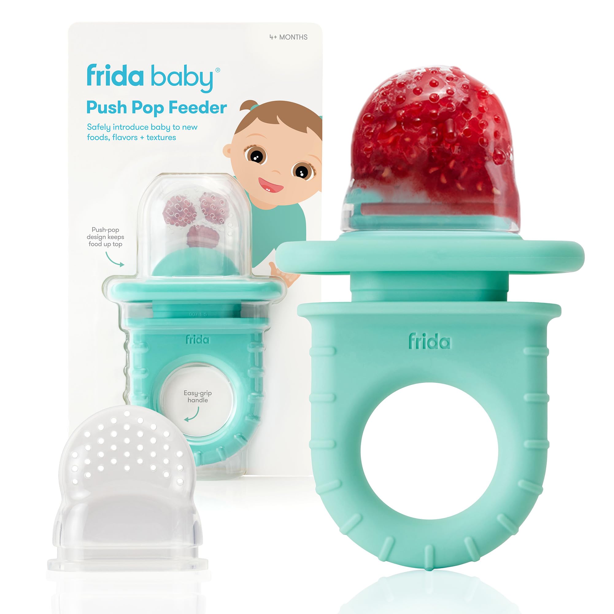 Frida BabyPush Pop Silicone Feeder, Baby Fruit Food Feeder to Safely Introduce New Foods, Fresh + Frozen, Breastmilk Popsicles, BPA Free, Dishwasher Safe | 1 Count, Teal