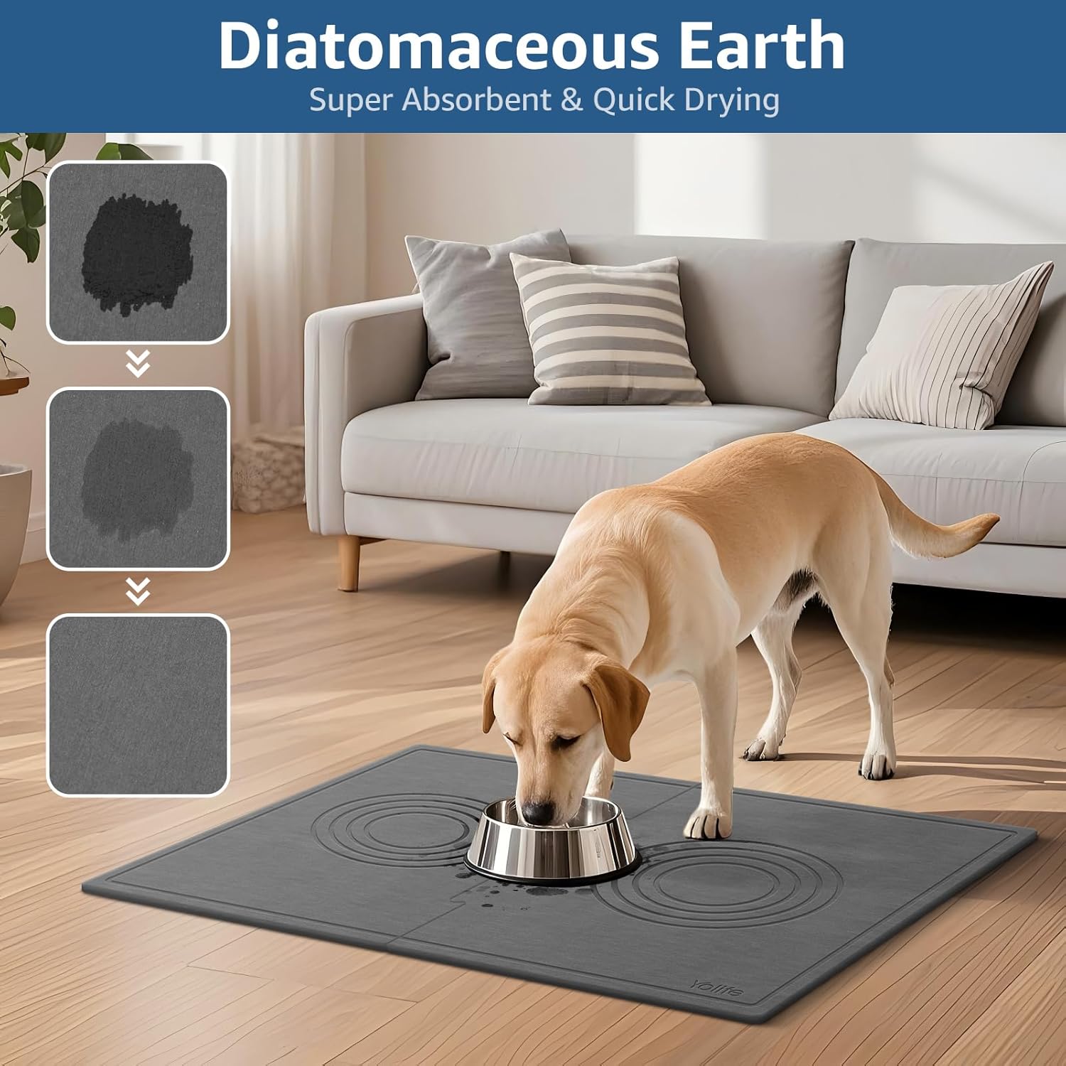 Yolife Extra Large Dog Water Bowl Mat, Fast Water Absorbing Stone Pet Feeding Mat for Messy Drinkers, Stone Drying Mat for Dogs Food and Water Bowls, Dog Cat Food Mats for Floors(31.5” x 19.7”, Grey) - Image 5