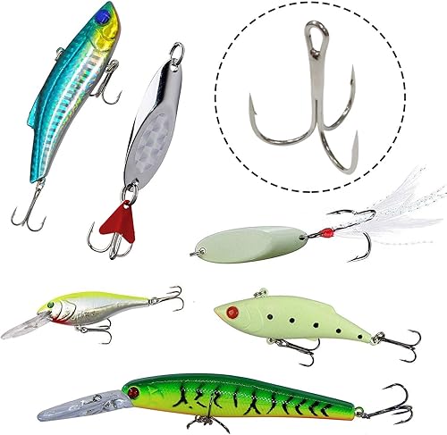 Vista 17 de Fishing Treble Hooks Kit, Red Treble Hooks Sharp Round Bend High Carbon Steel Strong Barbed Fishing Hooks with Stainless Steel Split Rings for Lures