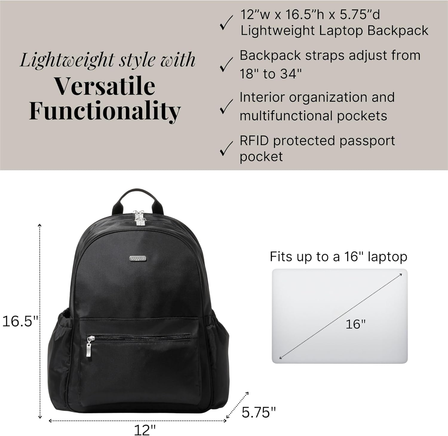 Baggallini Essential Laptop Backpack - 16x12 Inch Travel Backpack with 16" Laptop Sleeve - Lightweight Luggage Backpack