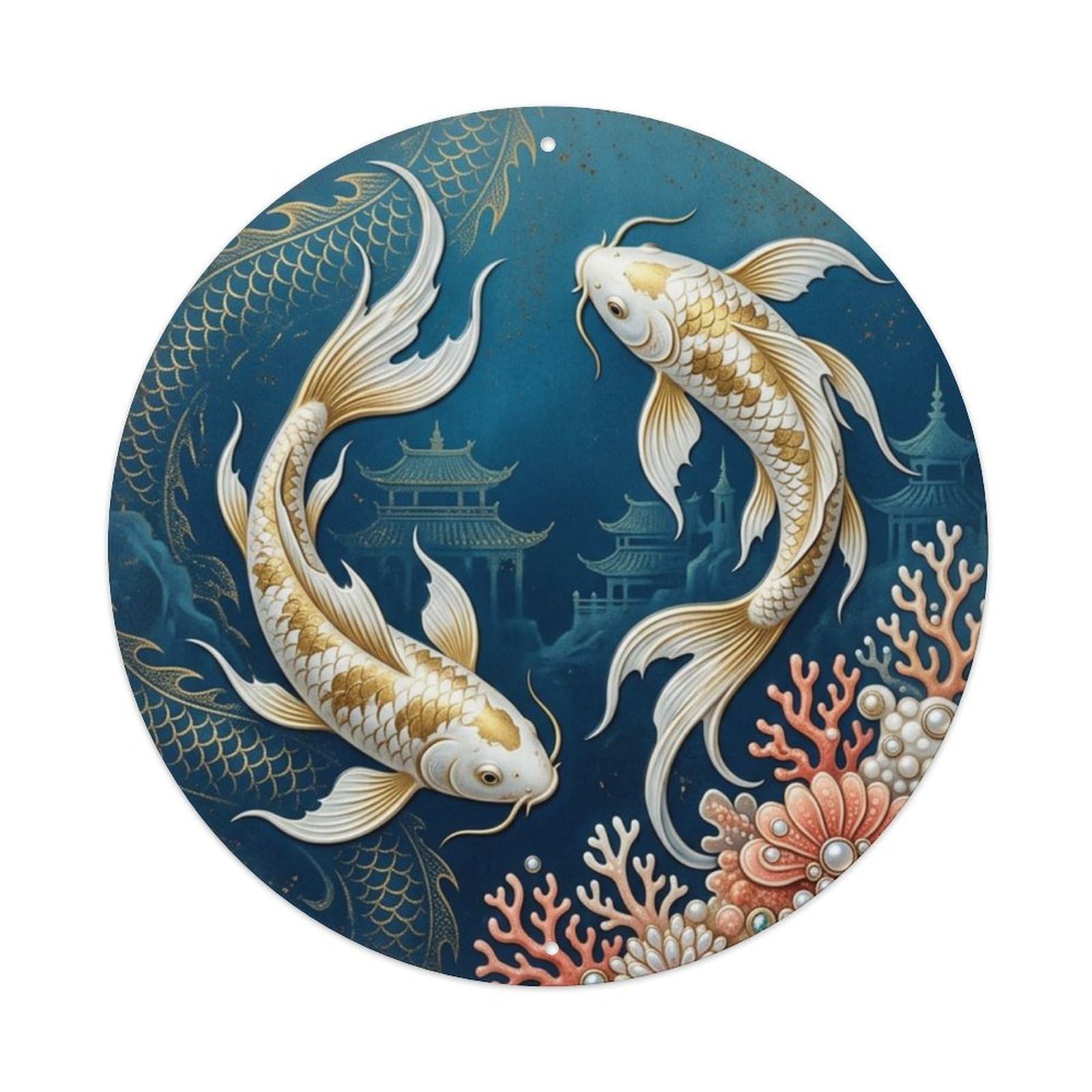 Fqcyn Style Koi Fish Azure Dragon Palace Entryway Metal Tin Sign Plaque Wall Decor For Cafe, Club Bar, Office, Home Garden Round Metal Poster 8X8inch