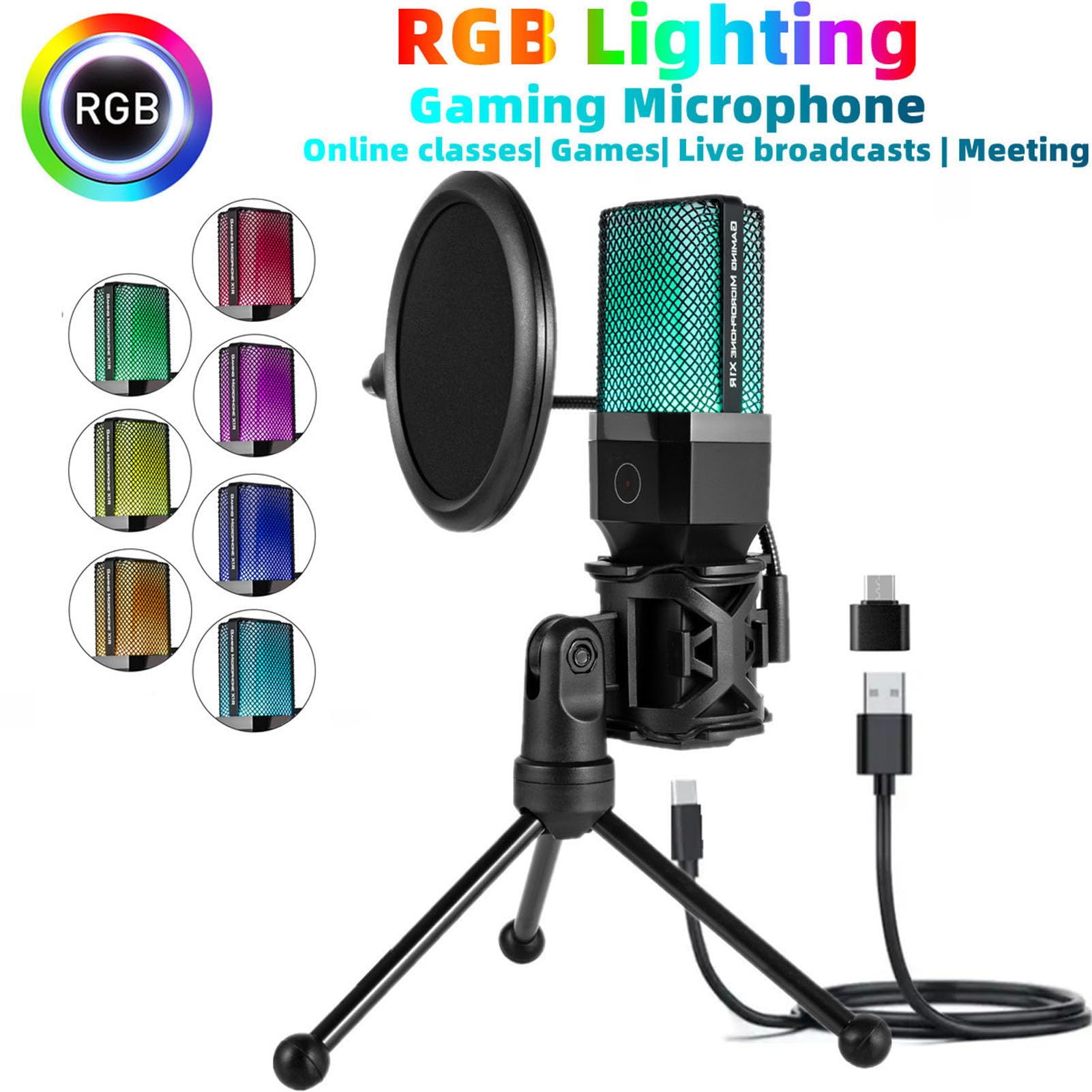 Mikrofon USB Vomeko Gaming, mikrofon kondensatorowy OISE z wyciszeniem, mikrofon komputerowy PC z efektami oświetleniowymi RGB do nagrywania podcastingu do nagrywania gier