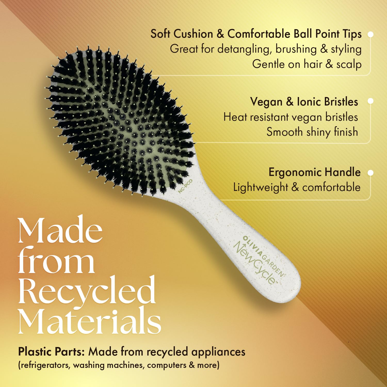 Olivia Garden NewCycle Professional Hair Brush is made from 100% recycled materials (except bristles and cushion), styles all hair types quickly and creates long lasting styles