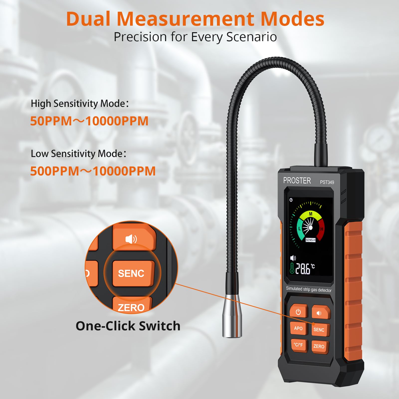 Proster Gasdetektor Gasmelder Gasleckdetektor Gaswarngerät Erdgasdetektor - Hochpräzises Messgerät mit Auto-Kalibrierung, 27 cm Flexible Sonde, Schneller Alarm für Zuhause Wohnmobil Küche Propan