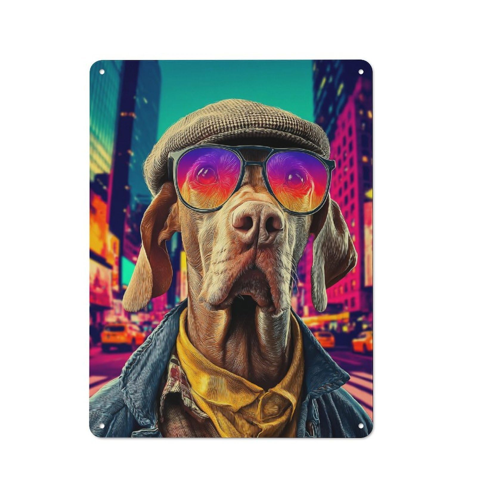 Junmoney Stylish Dog In Cityscape -1 Rustic Tin Sign 40X30cm, Vintage Porch Wall Decor For Conservatory, Home Bar Or Utility Room