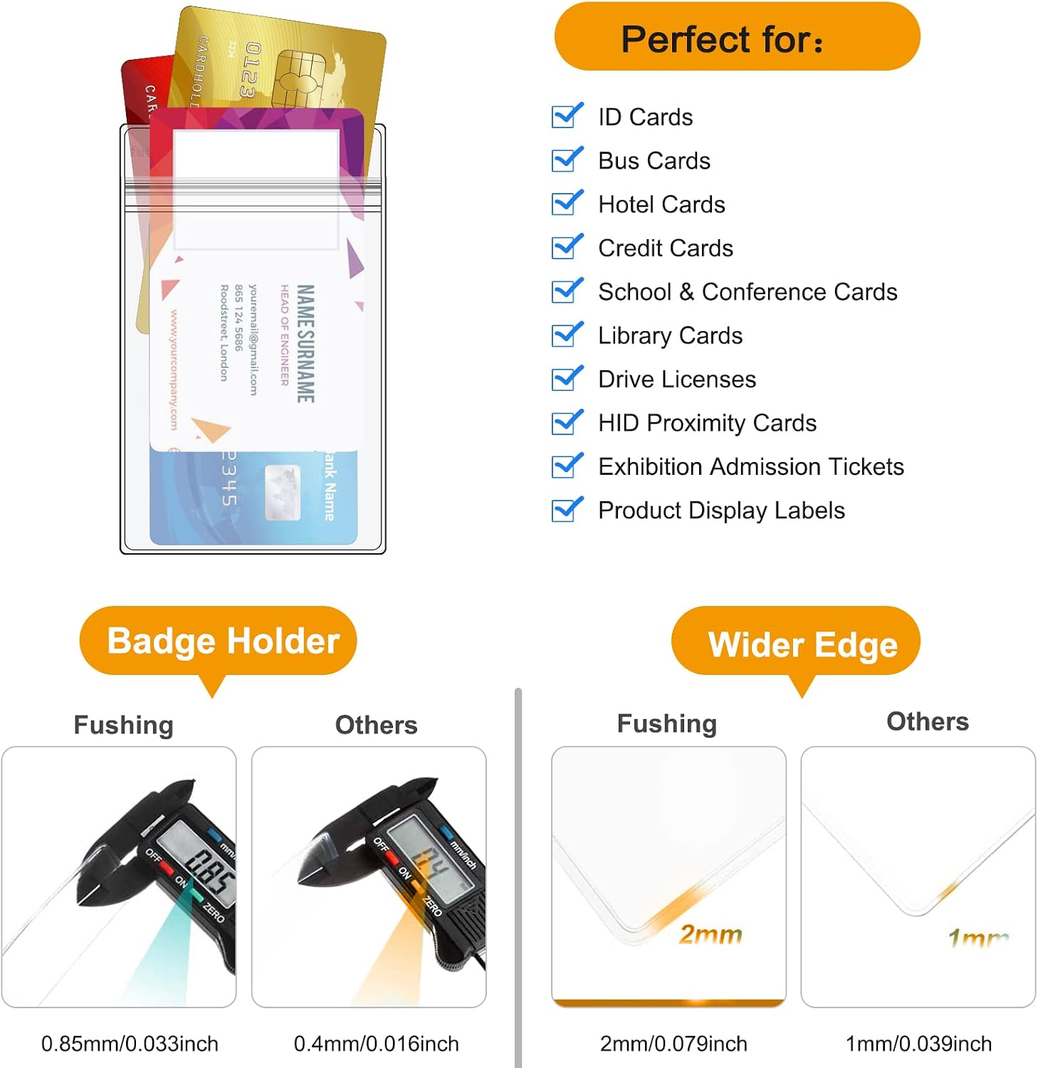Fushing 20Pcs Extra Thick ID Badge Holders, Exclusive Double-Deck Clear Plastic Vertical Name Tag Badge ID Card Holders, Single Layer Thickness 0.4mm Thicker 60% Than Standard 0.25mm