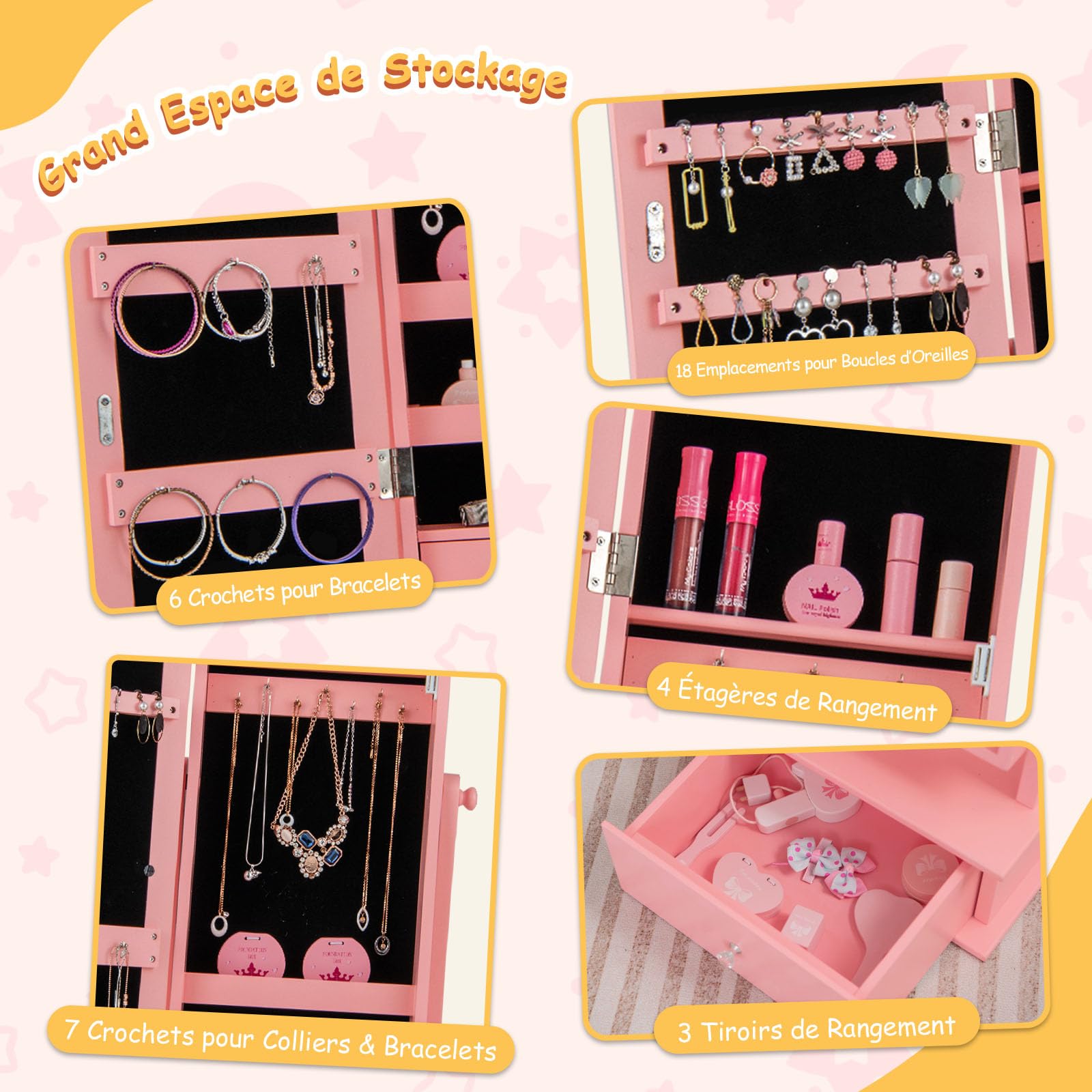 GOPLUS - Armario de joyería infantil con espejo de longitud completa, organizador de joyas con 3 cajones y 4 estantes de almacenamiento, 13 ganchos y 18 ranuras para pendientes, rosa (Pink)
